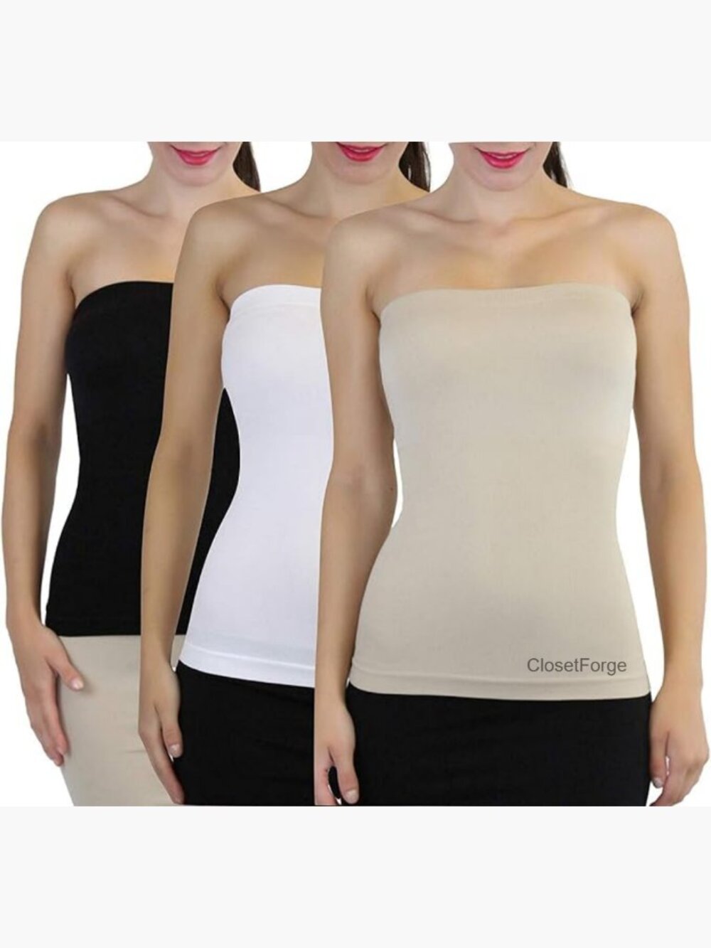 Strapless Bodycon Tube Top, Seamless Ribbed Crop Top, 3-Pack